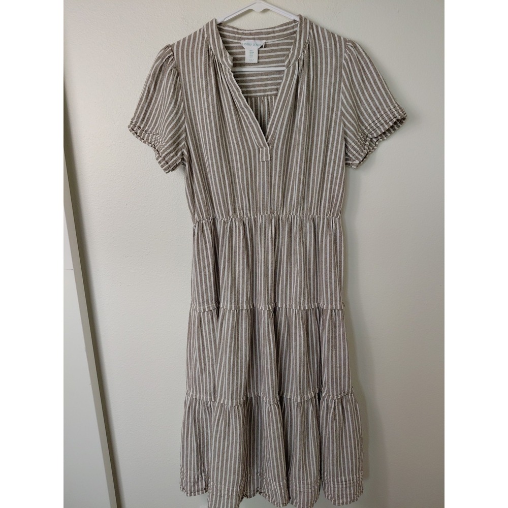 Cynthia Rowley Women Linen Blend Striped Tiered Midi Dress Taupe White Sz M Boho
